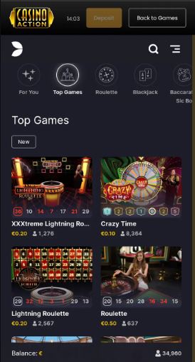 Browse top games in Casino Action mobile app interface